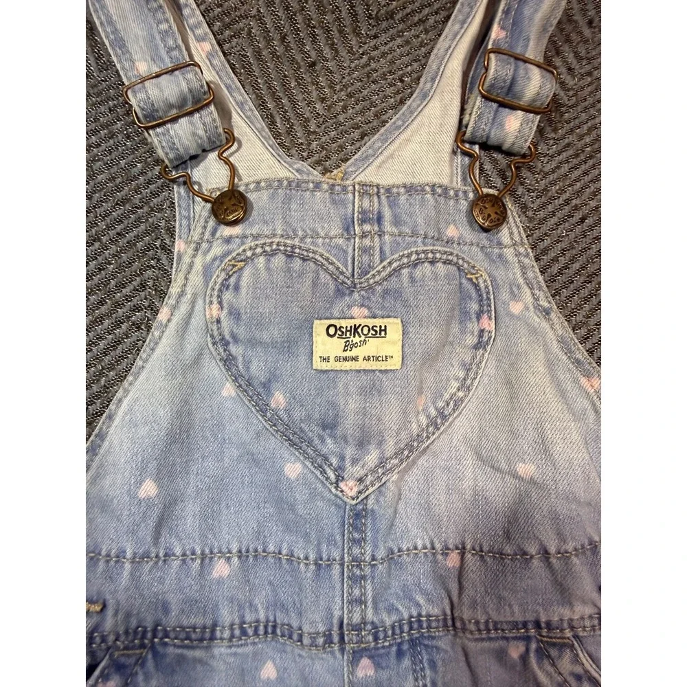 Vintage Oshkosh B'Gosh Denim Heart Print Overalls Girls Size 3T Light Wash